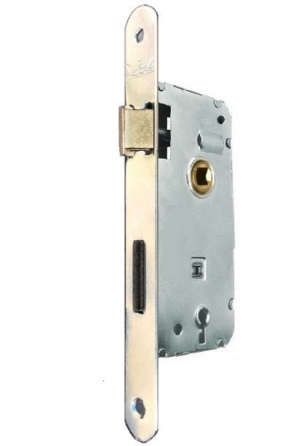 Cerradura Reversible p/Puerta de interior, frente angosto canto redondo.   